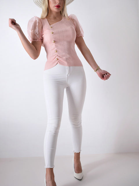 Gold button ruched top Pink