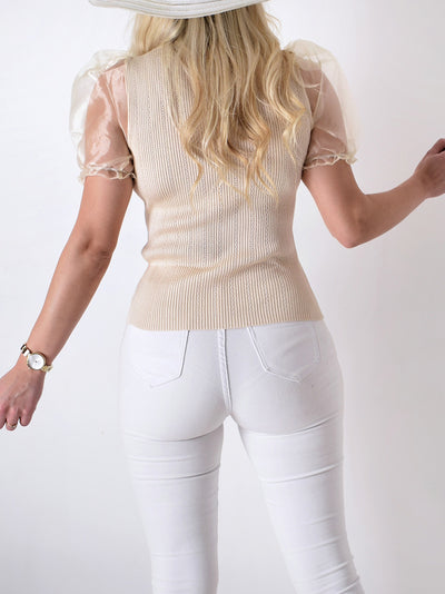 Gold button ruched top Beige