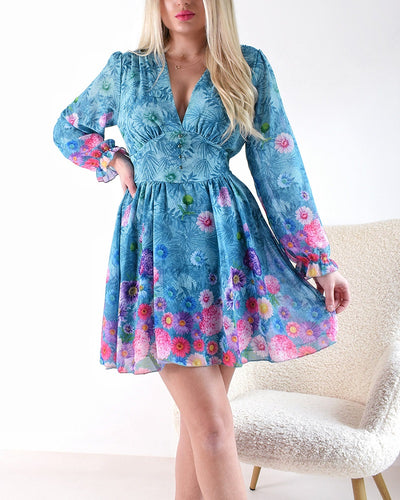Teal Floral print v-neck dress