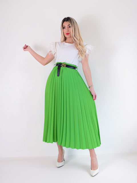 Green Pleated belted maxi skirt