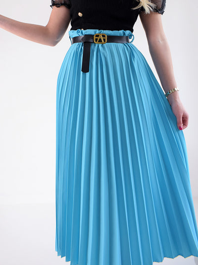 Blue Pleated belted maxi skirt