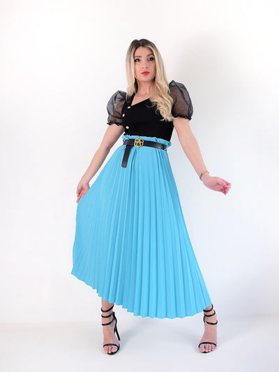 Blue Pleated belted maxi skirt