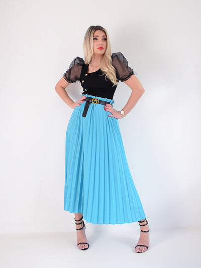 Blue Pleated belted maxi skirt