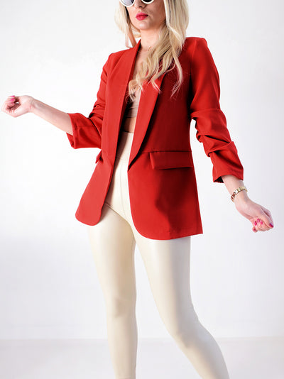Red Ruched sleeves Blazer