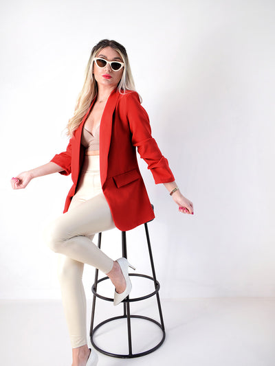Red Ruched sleeves Blazer