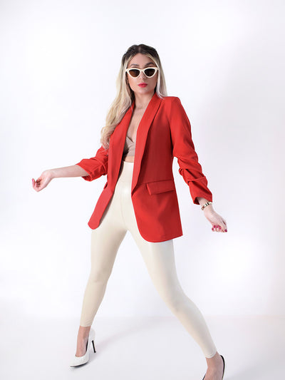 Red Ruched sleeves Blazer