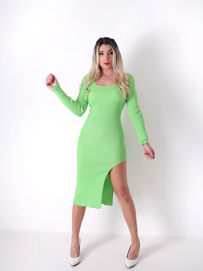 Green Square neck Asymmetric long sleeves rib dress