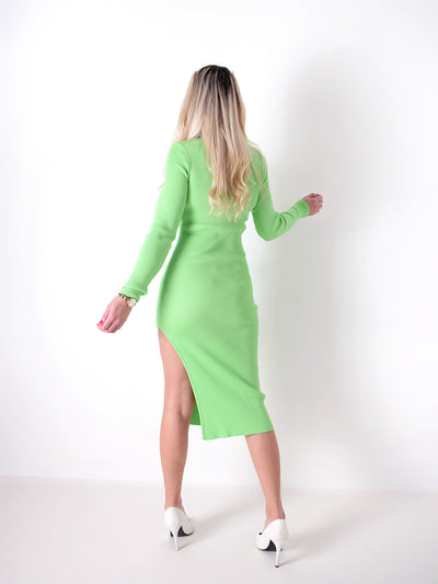 Green Square neck Asymmetric long sleeves rib dress