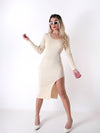 Beige Square neck Asymmetric long sleeves rib dress